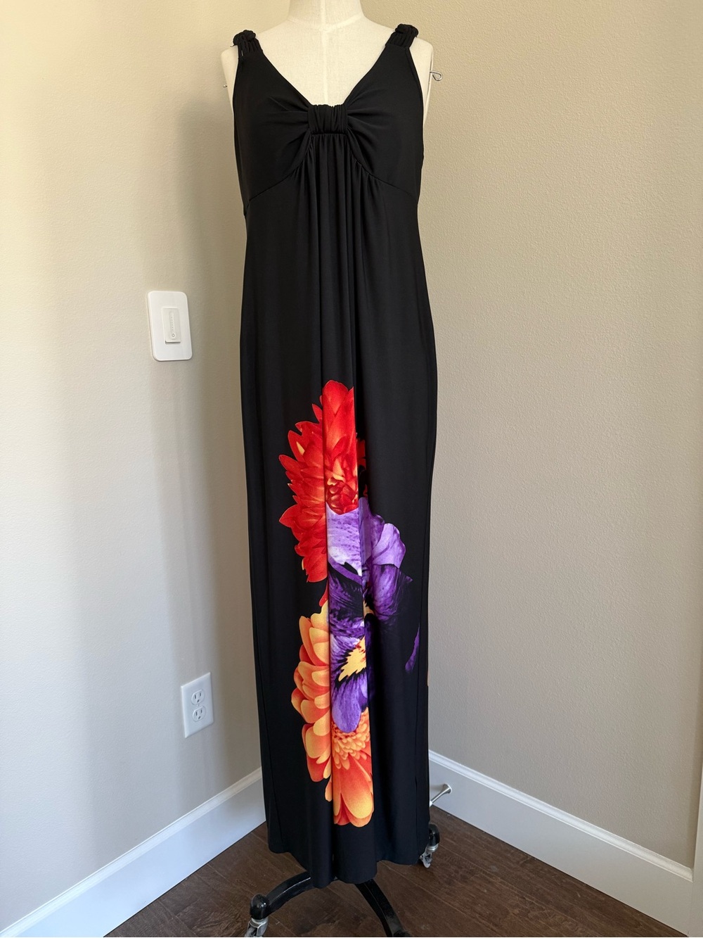 Emma & Michele Black Maxi Dress with Red, Orange and Purple Floral Accent